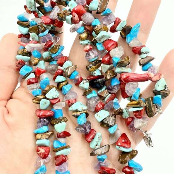 Vtg Southwestern Silver 925 Turquoise Nugget Gemstone Multi Strands Necklace - Picture 9 of 13